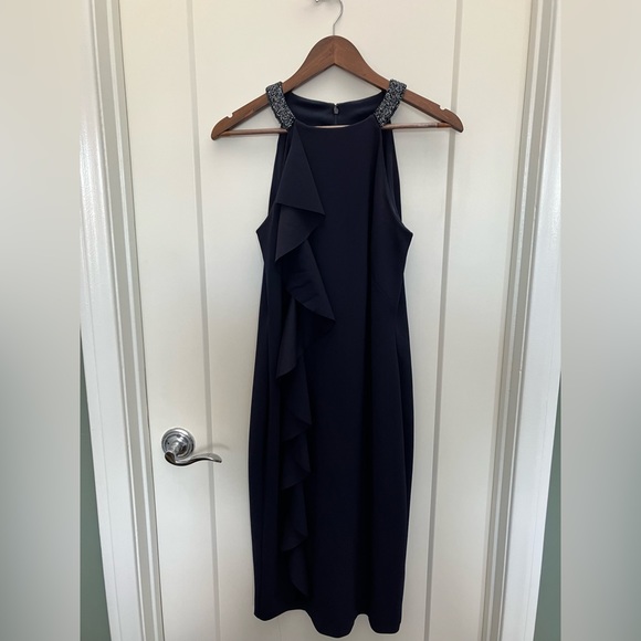 Lauren Ralph Lauren Knoelyn Ruffled Cocktail Sheath Dress Navy Beaded Halter. 6 - Picture 2 of 6